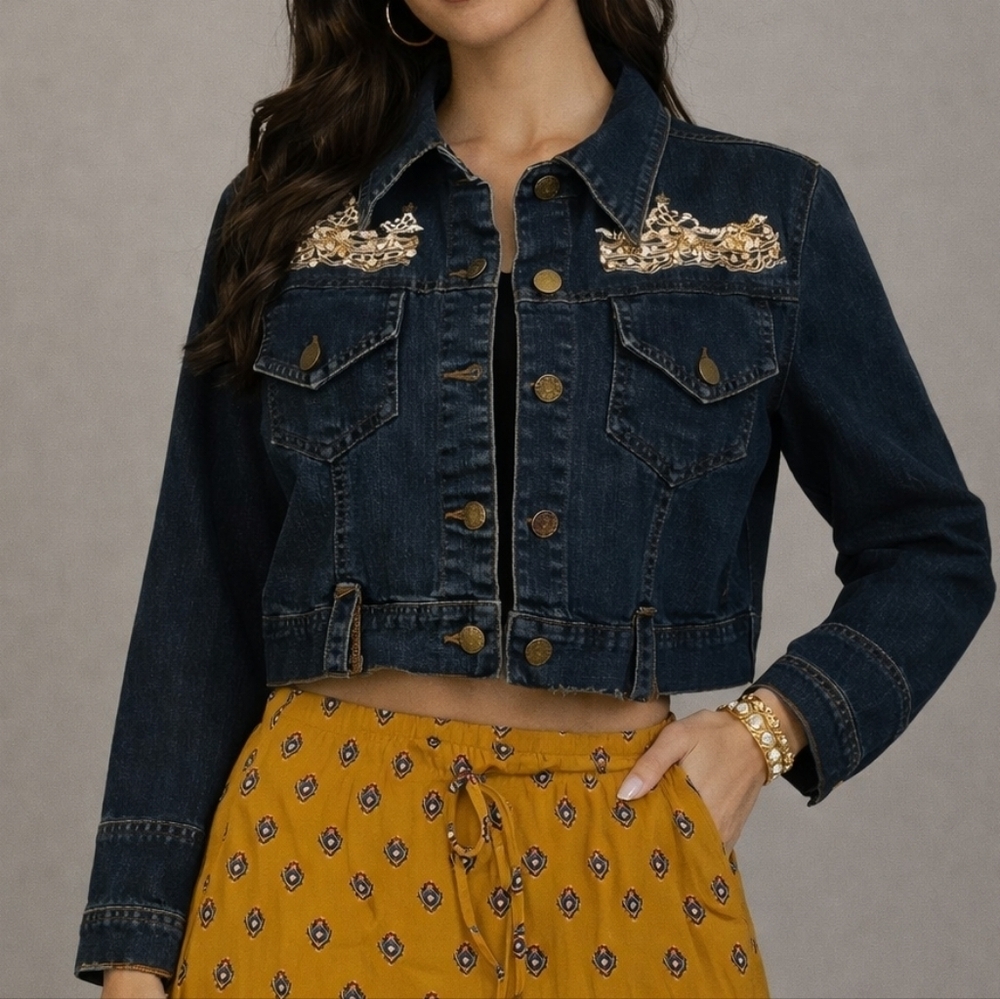 B MINE Studded Embroidered Cropped Denim Midriff Baddie Jacket